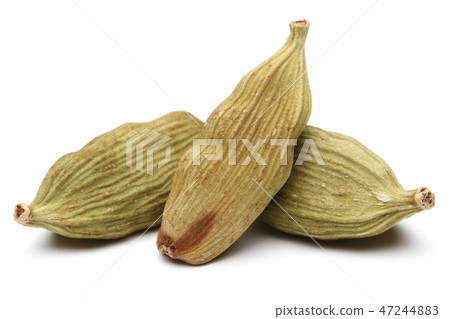 Dry cardamom pods on white background Dry cardamom pods on white background 47244883