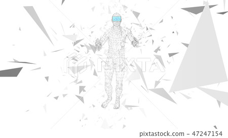 Man with glasses of virtual reality. Future technology concept. Abstract vr world with connecting 47247154