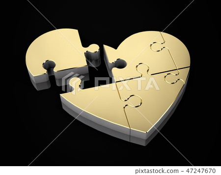 3d Illustration of the gold heart of the puzzle 3d Illustration of the gold heart of the puzzle 47247670