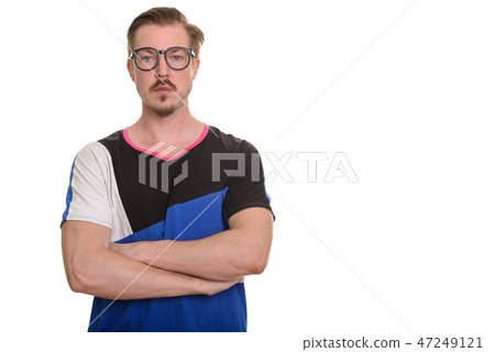 Portrait Of Man Isolated Against White Background Portrait Of Man Isolated Against White Background 47249121