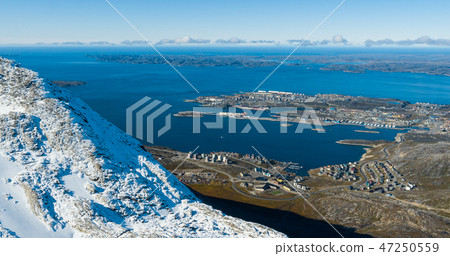 Greenland travel in capital Nuuk - aerial view of largest city in Greenland Greenland travel in capital Nuuk - aerial view of largest city in Greenland 47250559