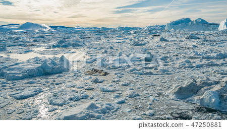 Arctic nature landscape with icebergs in Greenland icefjord - aerial drone image 47250881