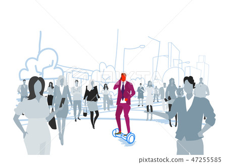 businessman riding electric scooter phone calling at street out from crowd people silhouettes businessman riding electric scooter phone calling at street out from crowd people silhouettes 47255585