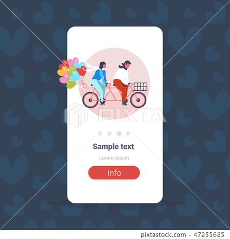couple riding tandem bicycle with heart shapes air balloons happy valentines day holiday concept man couple riding tandem bicycle with heart shapes air balloons happy valentines day holiday concept man 47255685