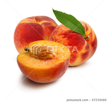 Fresh peaches and leaf on white background Fresh peaches and leaf on white background 47259489