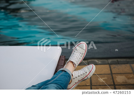 pool woman jeans sneakers white sport lifestyle pool woman jeans sneakers white sport lifestyle 47260153