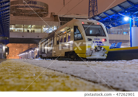 Kyiv, Ukraine - December 14, 2018: Renovated railbus Pesa for the new route of Ukrainian Railways - 47262901