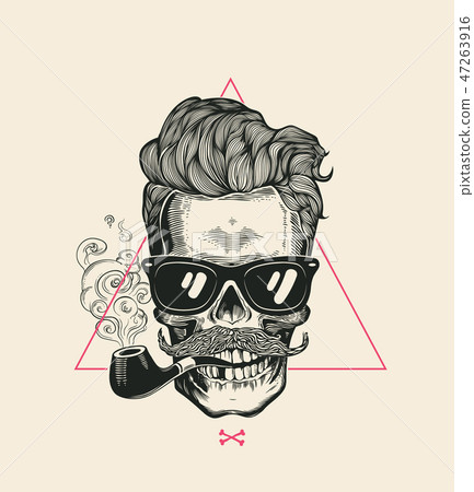 Sailor Cool Skull Smoke Pipe Vector T-Shirt Print. Modern Mustache Skeleton Face in Sunglasses 47263916