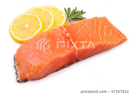 fillet of red fish salmon with lemon rosemary isolated on white background 47267832