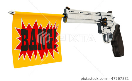Revolver with a bang flag. 3D rendering Revolver with a bang flag. 3D rendering 47267881