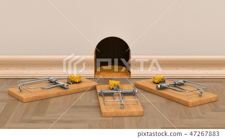 Mouse hole on the wall and mouse traps with cheese 47267883