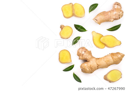 fresh Ginger root and slice isolated on white background with copy space for your text. Top view 47267990