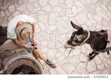 farmer in a village or small town with donkey farmer in a village or small town with donkey 47269031