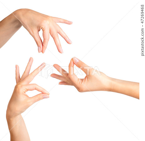 Set of woman hands showing mudra gesture or holding something. 47269468