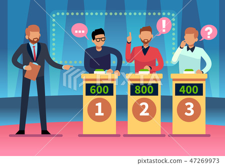 Game quiz show. Clever young people playing television quiz with showman, trivia game tv competition 47269973