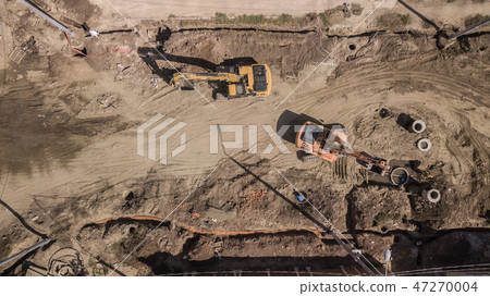 Aerial directly above top down view of a construction site. Aerial directly above top down view of a construction site. 47270004