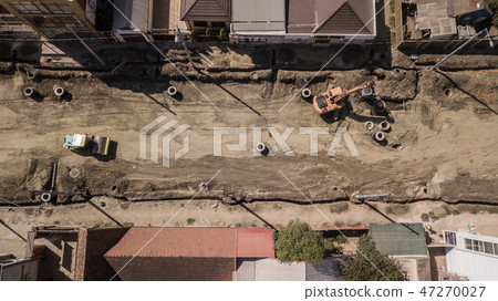 Aerial directly above top down view of a construction site. 47270027