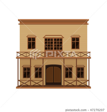Big western house with wood swinging doors and porch. Two-storey wooden building with balcony. Flat 47270207