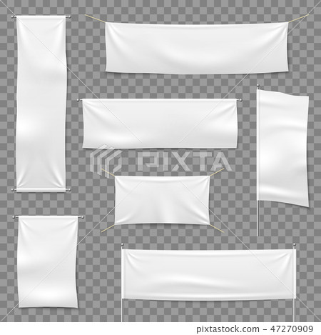 Textile advertising banners. Flags and hanging banner, blank fabric white horizontal cloth sign 47270909