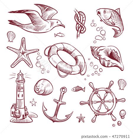 Sketch marine set. Sea ocean voyage lighthouse seagull starfish anchor steering wheel fish. Navy Sketch marine set. Sea ocean voyage lighthouse seagull starfish anchor steering wheel fish. Navy 47270911