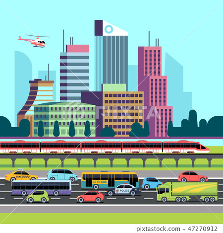 City street panorama. Street with cars and urban transport houses. Urban cityscape skyscrapers and City street panorama. Street with cars and urban transport houses. Urban cityscape skyscrapers and 47270912