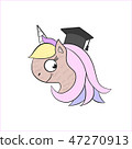 Vector cute dark unicorn with big eyes in a graduating hat. 47270913