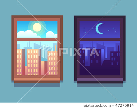 Day and night window. Cartoon skyscrapers at night with moon and stars, at day with sun inside home 47270914