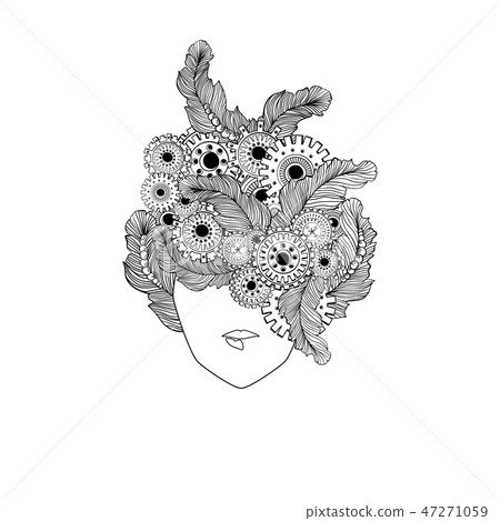 Concept art with stylized ladies hair and feathers, technology elements, gear-wheels. Woman fashion Concept art with stylized ladies hair and feathers, technology elements, gear-wheels. Woman fashion 47271059