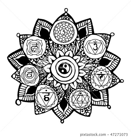Doodle style monochrome black line art lotus with yoga chakras pictogram and hieroglyph. 47271073