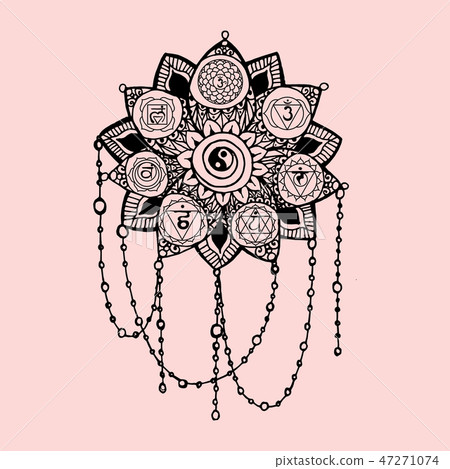 Doodle style black and pink line art lotus with yoga chakras pictogram, hieroglyph. 47271074