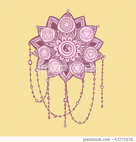 Doodle style pink and yellow line art lotus with yoga chakras pictogram. 47271078