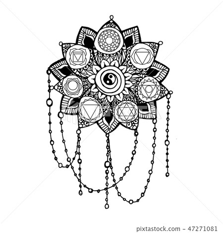 Doodle style monochrome black line art lotus with yoga chakras pictogram. 47271081