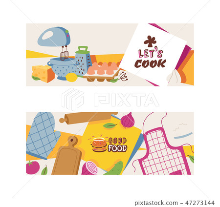 Cooking appliances and restaurant utensil and food set of banners vector illustration. Good food 47273144