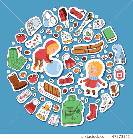 Winter stickers background vector illustration. Ski, skates, sleigh. Warm sweater, socks, hat, boots 47273145