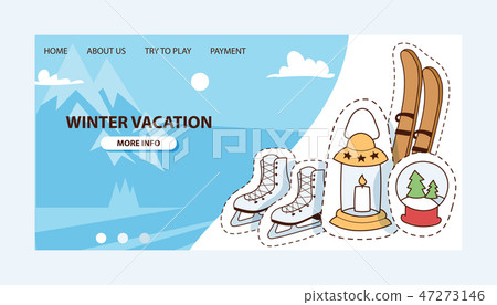Winter vocation vector illustration. Ski, skates, candles, snow-globe badges, patches and stickers 47273146