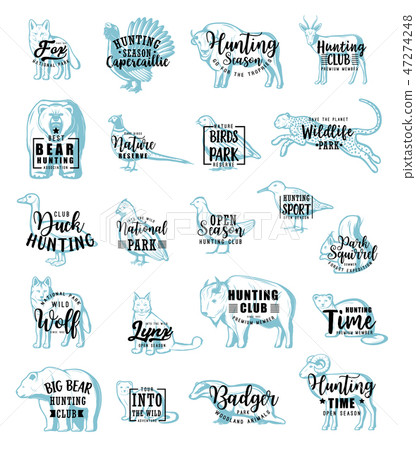 Hunting icons with animals or birds, lettering Hunting icons with animals or birds, lettering 47274248