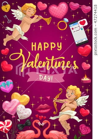 Valentines Day hearts, gifts, Cupids. Love holiday 47274418