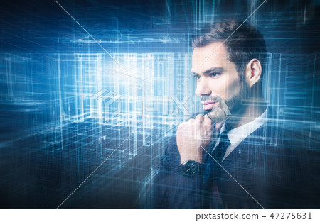 Young businessman projecting a new plan. Digital, virtual reality Young businessman projecting a new plan. Digital, virtual reality 47275631