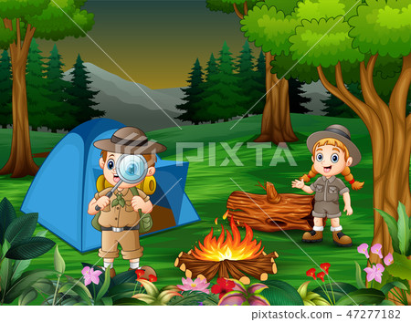 Cartoon of children camping out in the forest 47277182