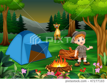 Boys in camping outfit with a hyena in the campsit 47277183