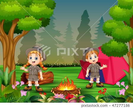 Boys and girls in camping outfit near bonfire - Stock Illustration  [47277186] - PIXTA