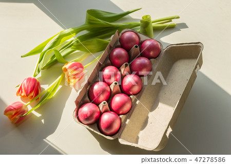 Easter scene, painted eggs, tulips, top view 47278586