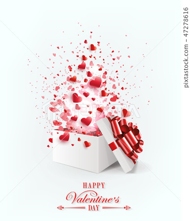 Bright composition with the silhouette of a white box with a red bow and a lot of hearts, design Bright composition with the silhouette of a white box with a red bow and a lot of hearts, design 47278616