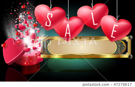 Dark turquoise design with a red box with a fountain of hearts, like a flash and a frame with a gold Dark turquoise design with a red box with a fountain of hearts, like a flash and a frame with a gold 47278617