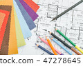 Architectural drawing with material on work table 47278645