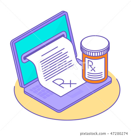 The telemedicine: laptop, rx prescription, pills. 47280274