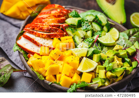 Grilled chicken, mango and avocado salad Grilled chicken, mango and avocado salad 47280495