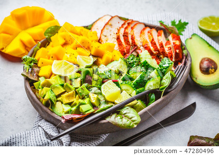 Grilled chicken, mango and avocado salad Grilled chicken, mango and avocado salad 47280496