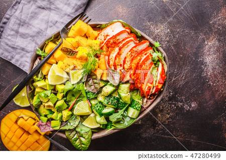 Grilled chicken, mango and avocado salad Grilled chicken, mango and avocado salad 47280499