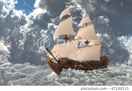 Sailboat flying above the clouds 3d illustration Sailboat flying above the clouds 3d illustration 47280515